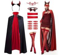 JOYTIX®Costume Vampiro Halloween 7 Pezzi: Mantello Reversibile Rosso/Nero Sexy con Corna Diavolo & Maschera Pipistrello per Adulti, Ragazzi, Bambini, Taglia M/L/XL (Bambini 140-200cm)