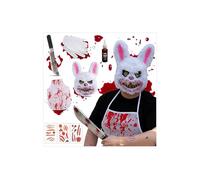 JOYTIX®Maschera Coniglio Omicida: Grembiule Macchiato di Sangue + Coltello in PVC & Gel Sangue Finto - Set Horror 6 Pezzi per Adulti (Senza BPA) (Senza luce - Set di coniglio sanguinario)