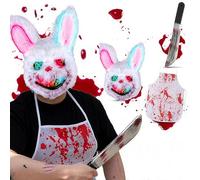 JOYTIX®Maschera Spaventosa LED Coniglio Sanguinante con Machete 43cm & Grembiule Macellaio Insanguinato - Costume Halloween Luci Rosse Blu, Travestimento Horror per Adulti Ragazzi