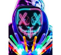 JOYTIX®Set Maschera Scheletro LED 2025: Doppio Luce Rosso/Blu + Guanti 6 Modalità | Costume Orrore Halloween Unica Taglia Adulti/Bambini Luce Fredda (Maschera LED - Senza guanti)