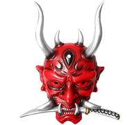 Joytopiaminds Maschera Hannya con zanne giapponesi, dipinta a mano, in resina rossa, con armi per cosplay, Halloween e temi anime