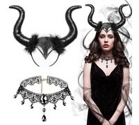 JOYUE Corna da Diavolo Halloween Malefica Corna, Fascia con Corno da Demone Costume Halloween Donna Diavolo, Costume da Corna Regina Corna Nere Copricapo con Collana di Pizzo per Carnevale Cosplay