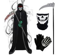 JOYUE Costume da Mietitore Halloween Mantello Cappuccio Nero Adulto Costume da Morte Costume da Grim Reaper, Halloween Costumi con Maschera Teschio, Guanti, Falce per Carnevale Cosplay Mascherata
