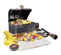 JOYUE Scatola di Cassa del Tesoro dei Pirati, 50 Pezzi d'oro Pirata + 50 Pezzi Diamante Pirata Set, Giocattoli per Bambini Halloween in plastica Tesoro per Caccia, Decorazione per Feste