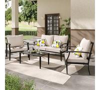 JOYURE Set di 4 mobili da patio con divanetto, tavolino da caffè, divano in metallo con schienale alto e cuscino spesso, per cortile, giardino, beige