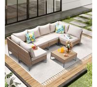 JOYURE Set di mobili da giardino in vimini, 7 pezzi, divano componibile con tavolino da caffè, divano da esterno per tutte le stagioni, con cuscini spessi e antiscivolo, per terrazza, piscina
