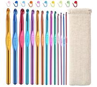 JOZEA Set di 14 uncinetti in alluminio, 2,0 mm - 10,0 mm, con 10 pennarelli a maglia, con custodia