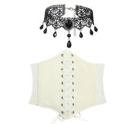 JOZMMZEOOA 2 Pezzi Corsetto Donna Marrone,con 1 Choker Nero Corset Bustino Corsetto Stringivita Corpetto Goth Corsetto Donna Pirata Medievale Abito Gotico Steampunk (Bianco, Cintura)