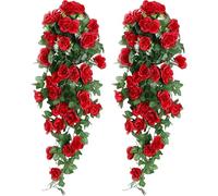 JOZMMZEOOA 2 Pezzi Rose Artificiali Ghirlande 90 CM Fiori Rose Artificiali Decorazioni Pianta Cadente Fiori Finti Interno Esterno Piante Pendenti Artificiali,per Matrimonio Casa Feste Giardino (Rosso)