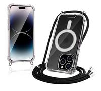 JProtect Custodia per iPhone 14 Pro Max con cinturino e MagSafe - Catena magnetica per iPhone 14 Pro Max Magnete - Custodia trasparente a tracolla nera - Catena per accessori MagSafe
