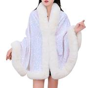 JPSSJGYH Scialle da donna in pelliccia sintetica con paillettes, elegante mantella poncho aperta sul davanti, scialli e coprispalle per abiti da sera (White,One Size)