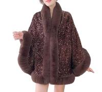 JPSSJGYH Scialle da donna in pelliccia sintetica con paillettes, elegante mantella poncho aperta sul davanti, scialli e coprispalle per abiti da sera (Brown,One Size)