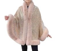 JPSSJGYH Scialle da donna in pelliccia sintetica con paillettes, elegante mantella poncho aperta sul davanti, scialli e coprispalle per abiti da sera (Beige,One Size)