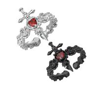 JPSSJGYH Sono forte come un leone - Anello aperto con spada e rosa nera, anello gotico con rosa e amore per se stessi, gioiello vintage regolabile con spada aperta per donna (2pcs A)