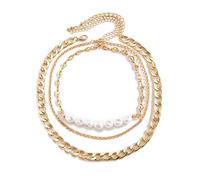JPXXFM Layer Necklace, Strand Necklaces for Women Adjustable Pearl Beads and Cuban Chain Necklace