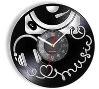 JPXXFM Music Time Vintage Wall Clock Retro Gramophone & Modern Headphone Wall Watch With LED Illumination Carved Vinyl Record Art-Decor Men