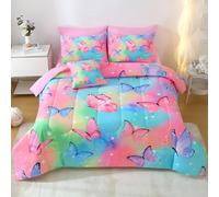 JQinHome Set di biancheria da letto per ragazze e donne, 6 pezzi, motivo farfalla arcobaleno 3D, per ragazze e donne, per tutte le stagioni, in microfibra, design con farfalle, con federa, lenzuolo