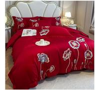 JQQJZLC 4 Pezzi Copertina di piumone a Colore Solido Cover di Cotone Soft Queen lettiera Set con Trappola per Chiusura Traspirante Foglio recitazione King Size e 2 Cuscini Ricami (Red A, Queen)