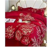 JQQJZLC 4 Pezzi Copertina di piumone a Colore Solido Cover di Cotone Soft Queen lettiera Set con Trappola per Chiusura Traspirante Foglio recitazione King Size e 2 Cuscini Ricami (Red A, Queen)