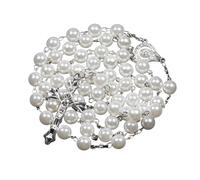 JQQJZLC Collana con Rosario Religioso in Argento Sterling 925 per Donne - Collana con Croce di Rosario con Perle Sintetiche religiose, Pendente con Croce di Maria Gesù e Catene di Perline Lunghe