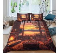 JQZXKNHPRS Cozy cabin interiorcopripiumino ultra microfibra 3 pezzi motivo 3D con cerniera Warm sunset view Set Di Copripiumino con federe traspirante morbida for adolescenti Single（135x200cm）
