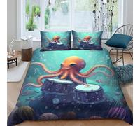 JQZXKNHPRS Octopus playing drumsSet Di Copripiumino morbida 3 pezzi motivo 3D con cerniera Underwater cartoon copripiumino con federa traspirante for bambini adulti ragazzi Double（200x200cm）