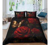 JQZXKNHPRS Red rosescopripiumino microfibra morbida 3 Pezzi stampa di 3D con cerniera Botanical elegance style Set Di Copripiumino con federe per cuscini traspirante for adulti Double（200x200cm）