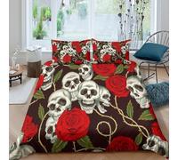 JQZXKNHPRS Skulls with rosescopripiumino microfibra morbida 3 pezzi motivo 3D cerniera nascosta Gothic floral pattern Set Di Copripiumino incluso federe per cuscini aiosa for adulti Single（140x200cm）