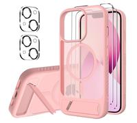 jrester Cover Magnetica per iPhone 13 con Supporto Integrato -con 2 vetri temperati e 2 vetri per fotocamera, Translucent Slim Back PC+TPU Bumper Shockproof- Rosa Opaca