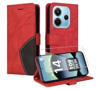 jrester Cover per Xiaomi Redmi Note 14 4G EU Version (Non per 5G/4G Global Version, PU Pelle Portafoglio Libretto Flip Protettiva Custodia con 1 pezzo Vetro Temperato Pellicola Protettiva - Rosso