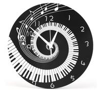 Jrifedptry Elegante orologio da parete rotondo a forma di pianoforte con note musicali e onde, moderno, senza batteria, nero + acrilico bianco