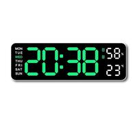 Jrifedptry Grande orologio digitale da parete con display settimanale temperatura e umidità sveglia da tavolo a LED elettronico 12/24h verde
