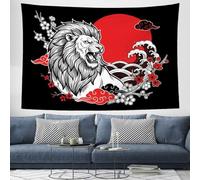 JRISEMECY Arazzo Da Parete Onde Del Mare In Stile Ukiyo-E Giapponese 150X100 Cm, Rosso Nero | Arazzo Grande Leone Feroce Sole Morbido Decorazione Per Camera Da Letto Soggiorno, Dormitorio Sfondo