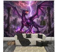 JRISEMECY Arazzo Murale Drago Fulmine Fantastico Per Camera Da Letto | 100X75 Cm Grande Carta Da Parati In Tessuto Paesaggio Di Rovine Gotiche, Tapestry Aesthetic Wall Decorazione Panoramica Viola