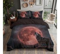 JRISEMECY Completo Copripiumino 200X200Cmsingolo, Set 3 Pezzi Con 2 Federe, Misterioso Lupo Luna Rossa, Microfibra Morbida Traspirante, Chiusura Con Cerniera, Paesaggio Faunistico, Grigio Antracite