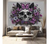 JRISEMECY Grandi Arte Arazzo Da Parete Teschio Gotico Con Orecchie Di Gatto Piante Naturali Microfibra Arte Murale Per Camera E Soggiorno Accessorio Decorativo Grigio Arazzo Da Parete 200X150Cm