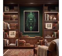 JRISEMECY Quadro Su Tela Con Misterioso Teschio A Corona, Senza Cornice | Canvas Stampe Quadri Moderni Parete Poster Croce Fantastica Cerchio Magico Verde Scuro Per La Decorazione Della Casa, 50X70Cm