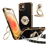 Jrkvniv Cover per iPhone 12 con Cordino, con Supporto ad Anello Doppio Cuore, Custodia con Laccio Collana Tracolla, Sottile Morbido Silicone TPU Antiurto Case per iPhone 12 6.1", Nero