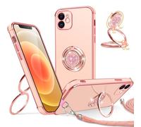 Jrkvniv Cover per iPhone 12 con Cordino, con Supporto ad Anello Doppio Cuore, Custodia con Laccio Collana Tracolla, Sottile Morbido Silicone TPU Antiurto Case per iPhone 12 6.1", Rosa