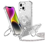 Jrkvniv Cover per iPhone 14, con Supporto ad Anello Doppio Cuore, con Cordino per Ragazze e Donne, con Regolabile Staccabile laccio, Cover Protettiva di Lusso Carina e Scintillante, Argento