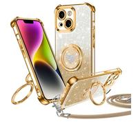 Jrkvniv Cover per iPhone 14, con Supporto ad Anello Doppio Cuore, con Cordino per Ragazze e Donne, con Regolabile Staccabile laccio, Cover Protettiva di Lusso Carina e Scintillante, Oro