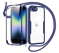 Jrkvniv Cover per iPhone 8/iPhone 7/iPhone SE 2020/2022con Cordino,360 Gradi Trasparente Custodiacon con Protezione Schermo Integrata,Bumper Rugged Custodia con Regolabile Tracolla Corda-Blu