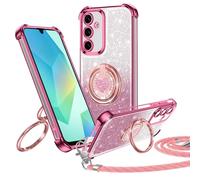 Jrkvniv Cover per Samsung Galaxy A16, con Supporto ad Anello Doppio Cuore, con Cordino per Ragazze e Donne, con Regolabile Staccabile laccio, Cover Protettiva di Lusso Carina e Scintillante, Rosa