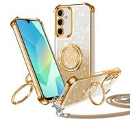 Jrkvniv Cover per Samsung Galaxy A16, con Supporto ad Anello Doppio Cuore, con Cordino per Ragazze e Donne, con Regolabile Staccabile laccio, Cover Protettiva di Lusso Carina e Scintillante, Oro