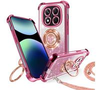 Jrkvniv Cover per Xiaomi Redmi Note 14 Pro+ 5G, con Supporto ad Anello Doppio Cuore, con Cordino per Ragazze e Donne, con Regolabile Staccabile laccio, Protettiva di Lusso Carina e Scintillante, Rosa