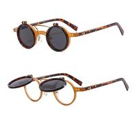 JRLLFD Occhiali da sole rotondi con doppia patta punk retrò per donna Uomo Occhiali da sole Occhiali da vista con montatura leopardata UV400 Rivetti, Arancione Leopardo Grigio, taglia unica