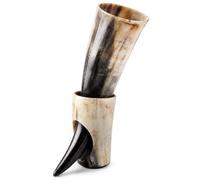 JRose Collections Corno vichingo con supporto in corno fatto a mano, circa 500 ml, calice in corno di bue naturale, 30 cm, tazza medievale per birra idromele di birra, regalo rustico per appassionati