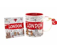 JRose Collections Set di tazza e sottobicchiere souvenir di Londra, 350 ml, tazza da caffè da viaggio in ceramica con sottobicchiere quadrato abbinato, design iconico di Londra, in confezione regalo