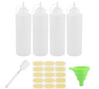 JRSHIRLEYLTD Set di 4 bottiglie da spremere in plastica con tappi, bottiglie per spezie riutilizzabili con 1 pennello per tazza, 1 imbuto e 1 adesivo in carta kraft per pittura, cottura