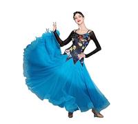 JRUIA Abbigliamento da Ballo Professionale per Donna Stampato Vestiti da Competizione di Danza Standard Nazionale Costume da Spettacolo di Valzer di Flamenco Gonna Grande Svasata,Blu,S